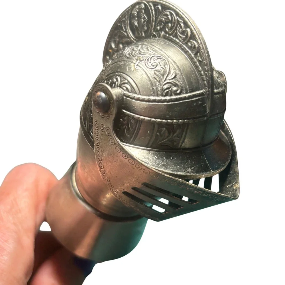 Bottle Pourer Silver Medieval Knight Helmet Movable Visor Embossed Metal Barware